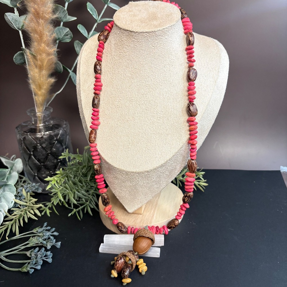 Wood Acorn Poppet Necklace Vintage Handmade | Boho Beaded | Forest Talisman | - Picture 2 of 7